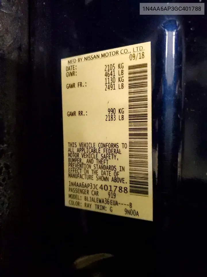 1N4AA6AP3JC401788 2018 Nissan Maxima 3.5 Sl