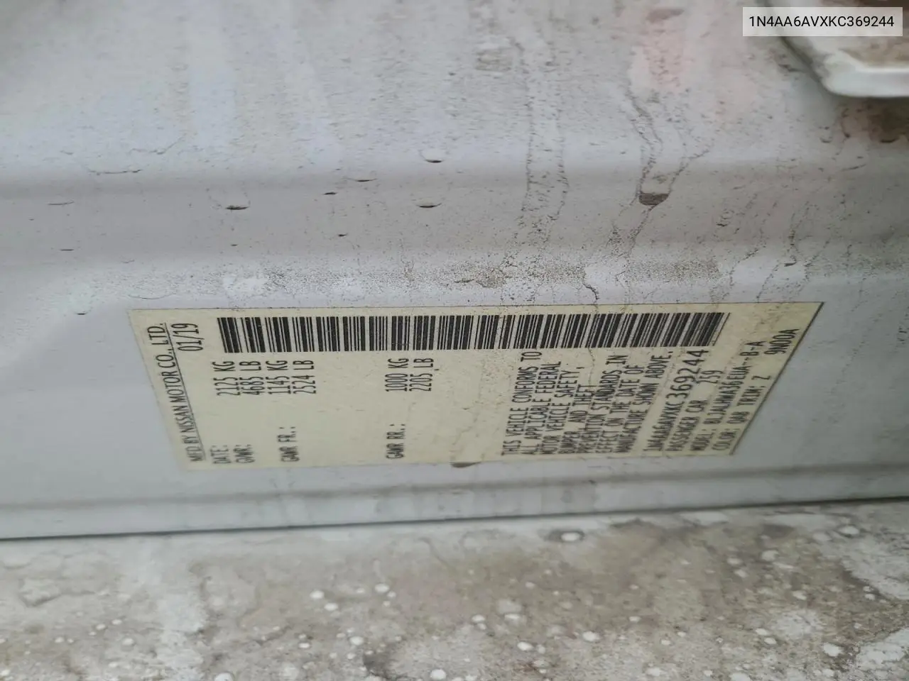 1N4AA6AVXKC369244 2019 Nissan Maxima S