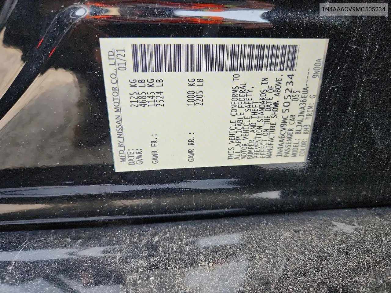 2021 Nissan Maxima Sv VIN: 1N4AA6CV9MC505234 Lot: 60864286