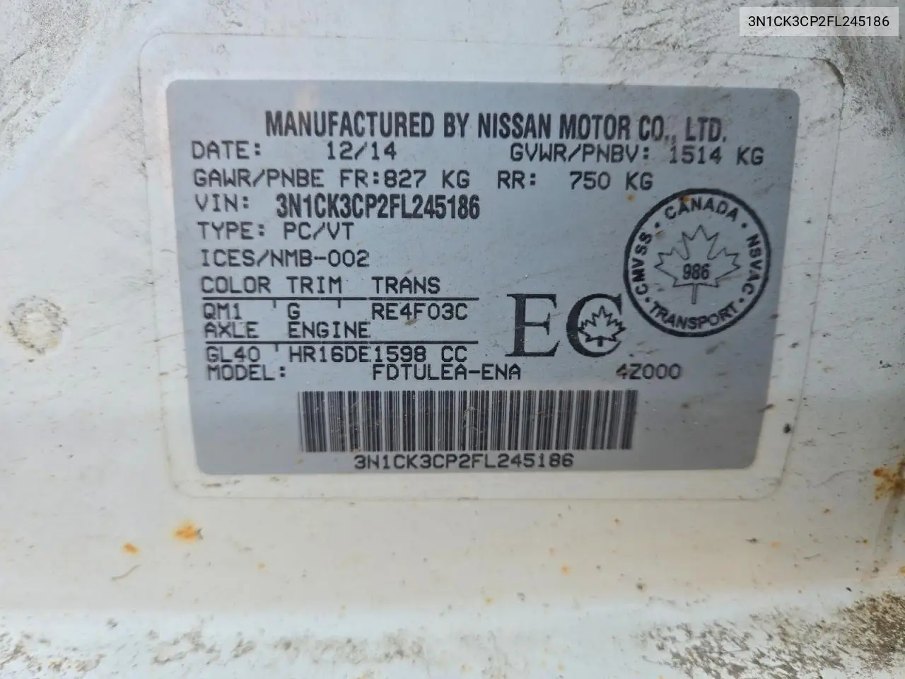2015 Nissan Micra VIN: 3N1CK3CP2FL245186 Lot: 60464376