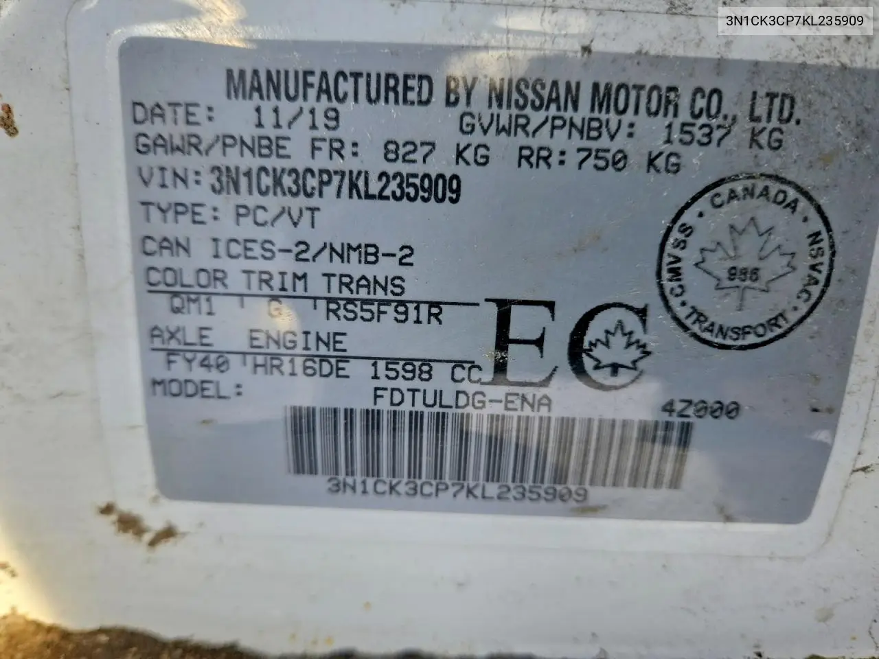 2019 Nissan Micra VIN: 3N1CK3CP7KL235909 Lot: 75041055