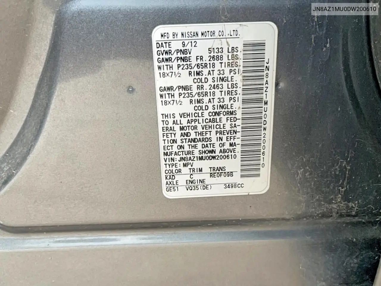 2013 Nissan Murano S VIN: JN8AZ1MU0DW200610 Lot: 55115276