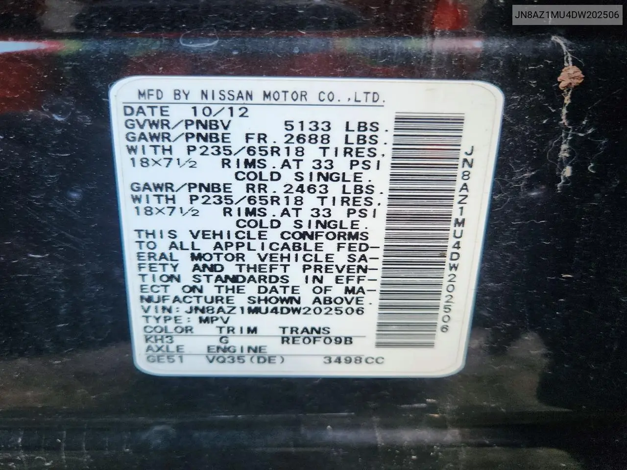 2013 Nissan Murano S VIN: JN8AZ1MU4DW202506 Lot: 61149216