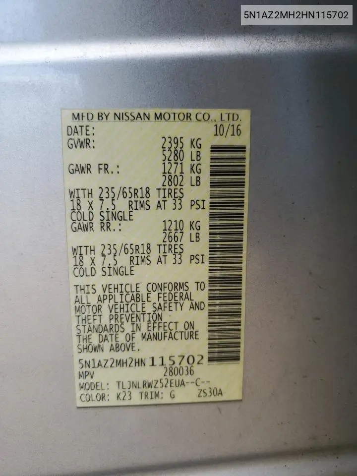 5N1AZ2MH2HN115702 2017 Nissan Murano Sl