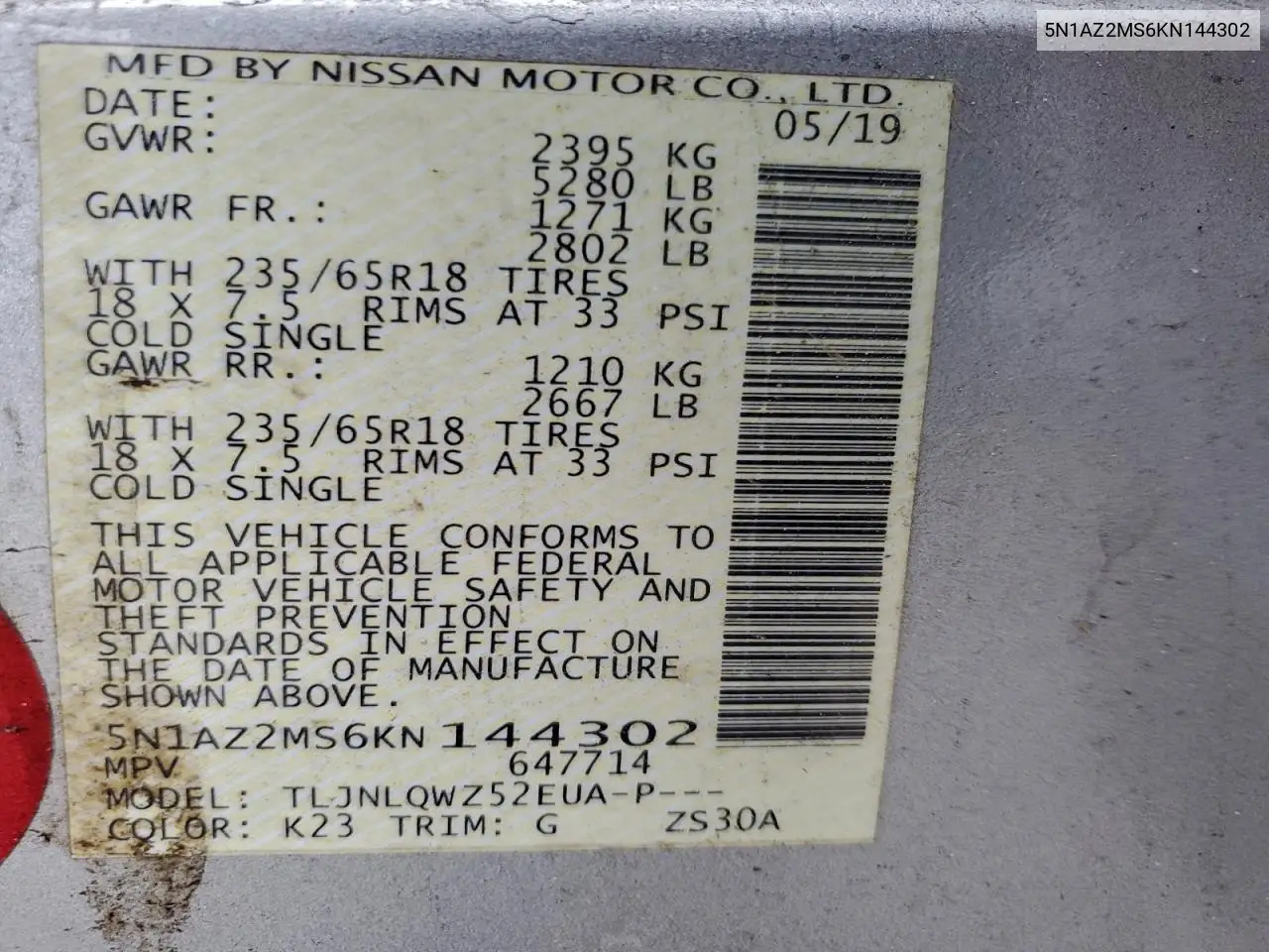 5N1AZ2MS6KN144302 2019 Nissan Murano