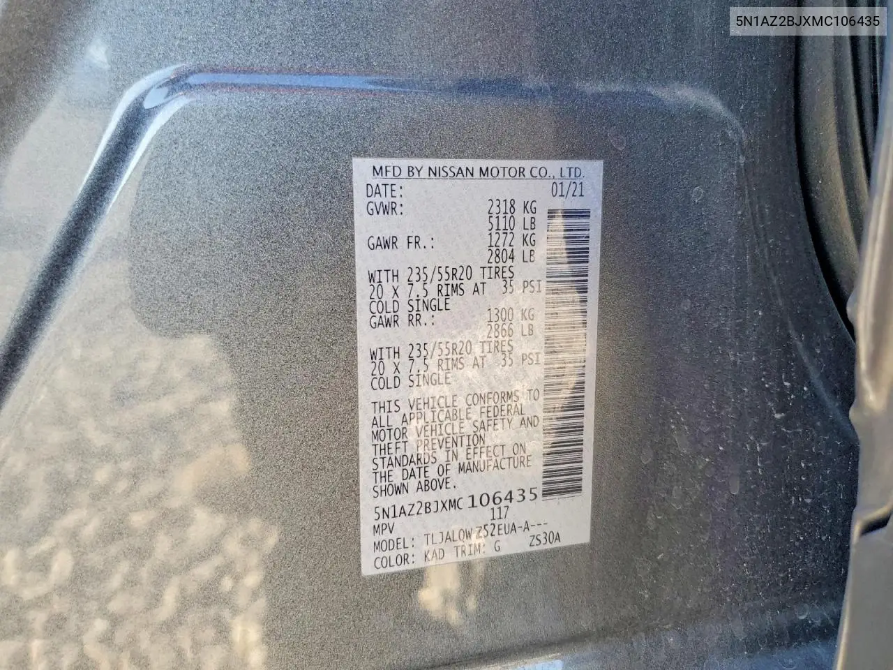 2021 Nissan Murano Sv VIN: 5N1AZ2BJXMC106435 Lot: 61704306