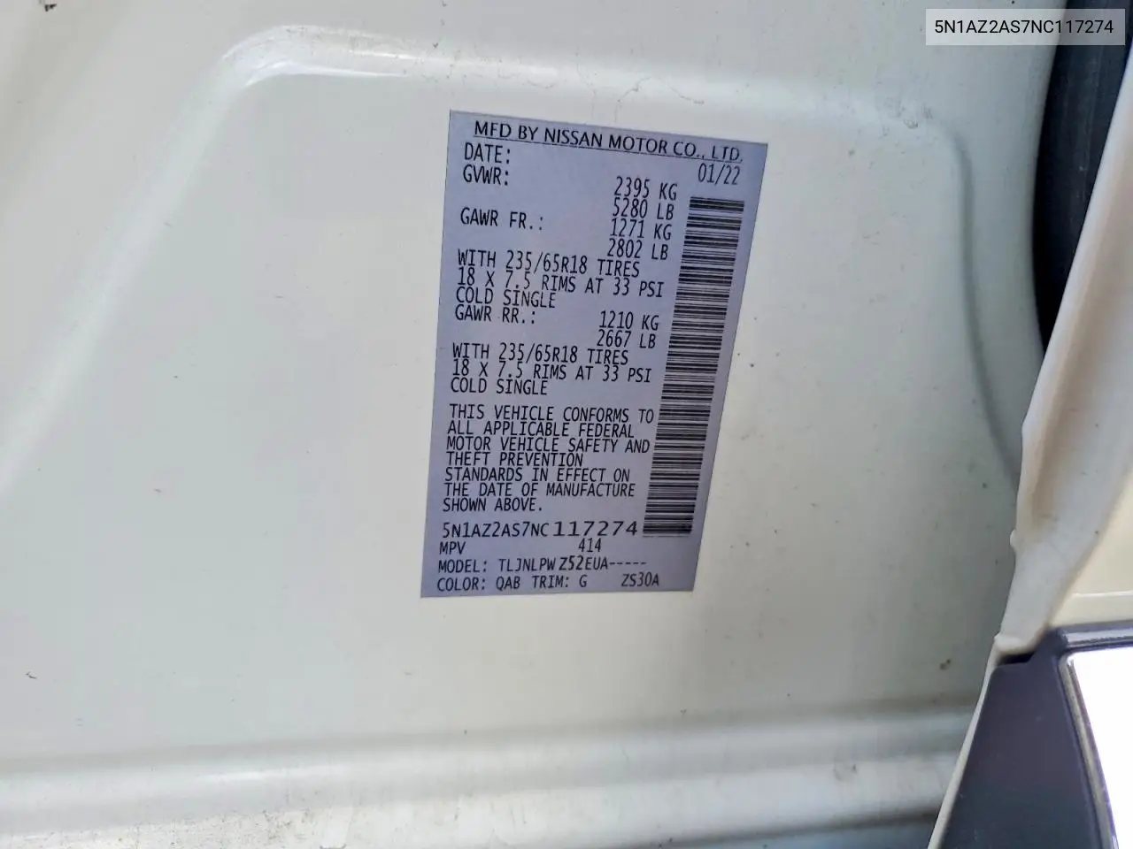 2022 Nissan Murano S VIN: 5N1AZ2AS7NC117274 Lot: 56582626