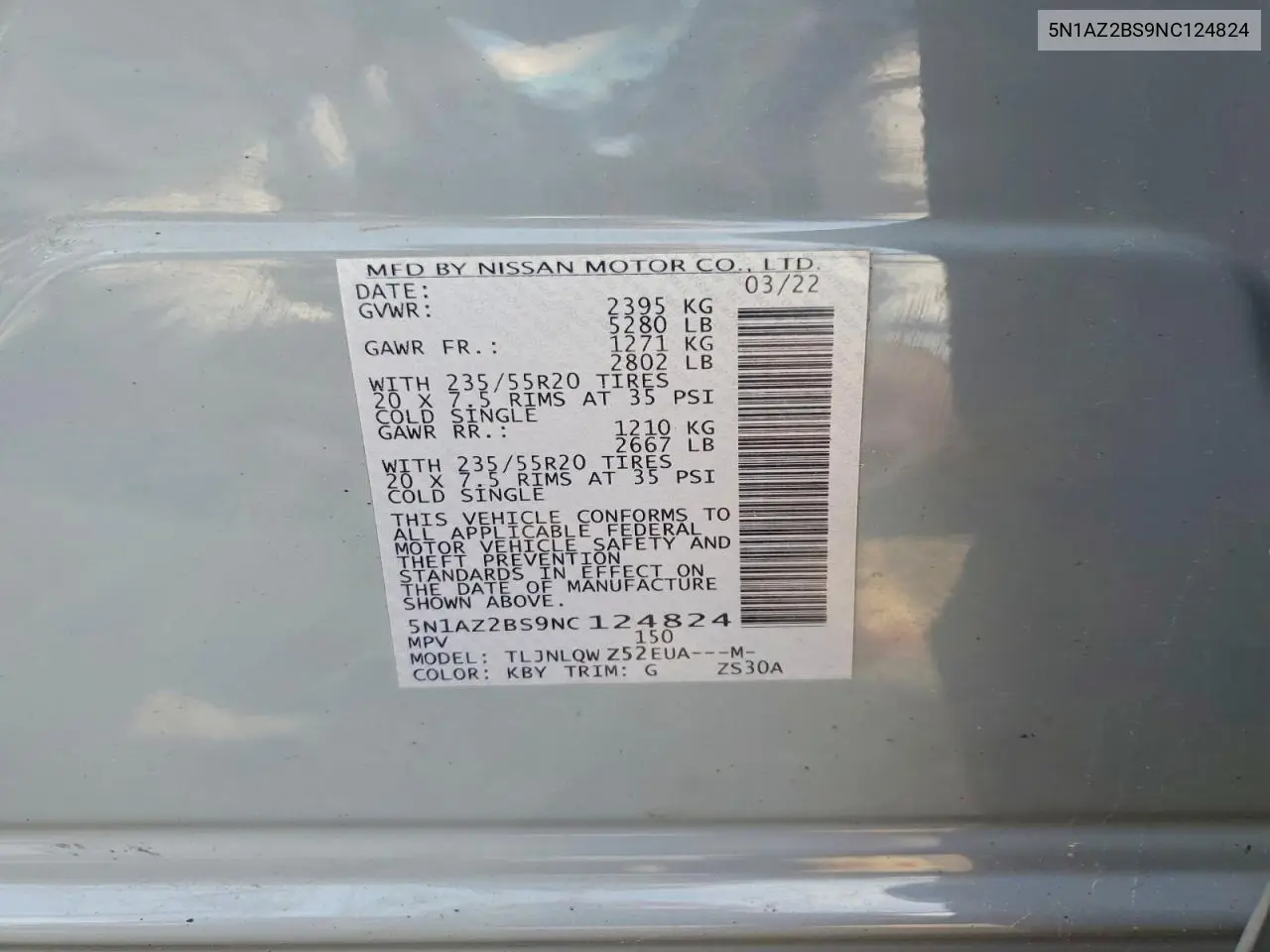 2022 Nissan Murano Sv VIN: 5N1AZ2BS9NC124824 Lot: 60184666
