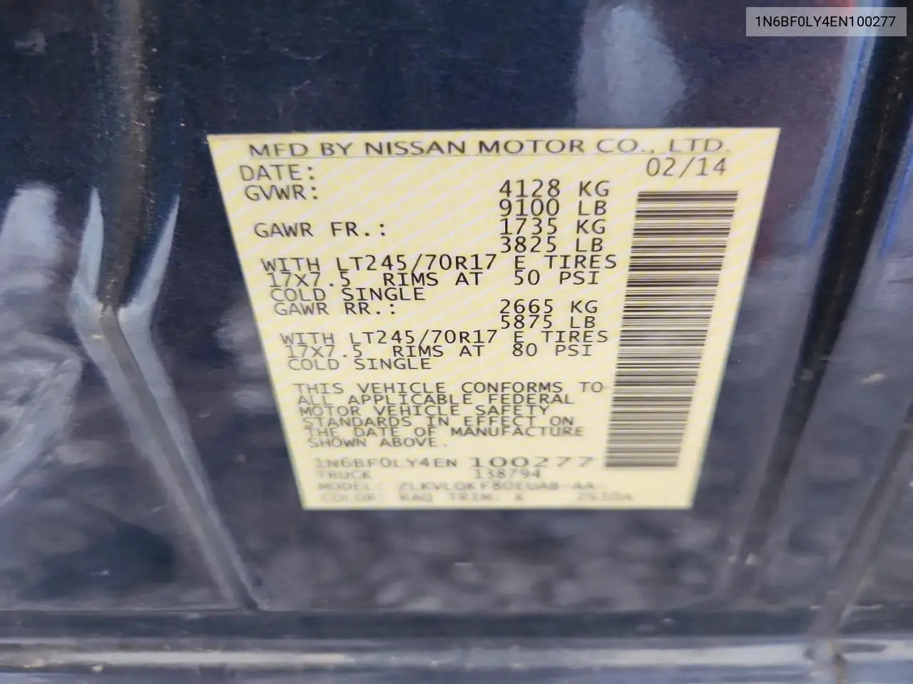 2014 Nissan Nv 2500 VIN: 1N6BF0LY4EN100277 Lot: 61520486