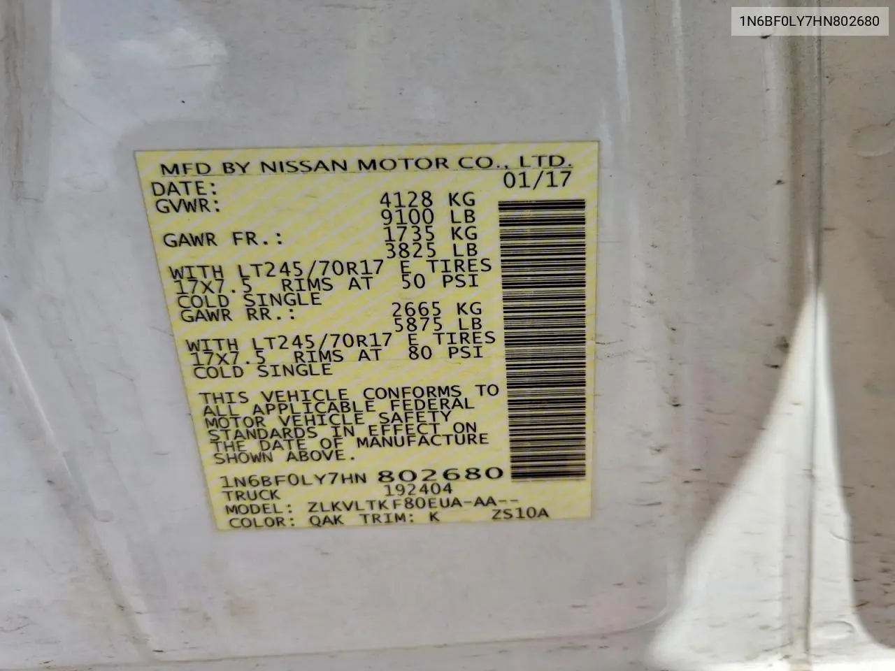 2017 Nissan Nv 2500 Delivery Van VIN: 1N6BF0LY7HN802680 Lot: 59988246
