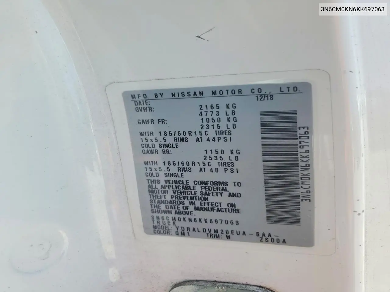 2019 Nissan Nv200 S VIN: 3N6CM0KN6KK697063 Lot: 56617296