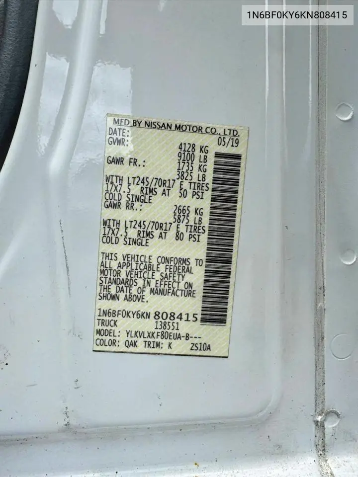 2019 Nissan Nv 2500 Hd Sv VIN: 1N6BF0KY6KN808415 Lot: 56880926