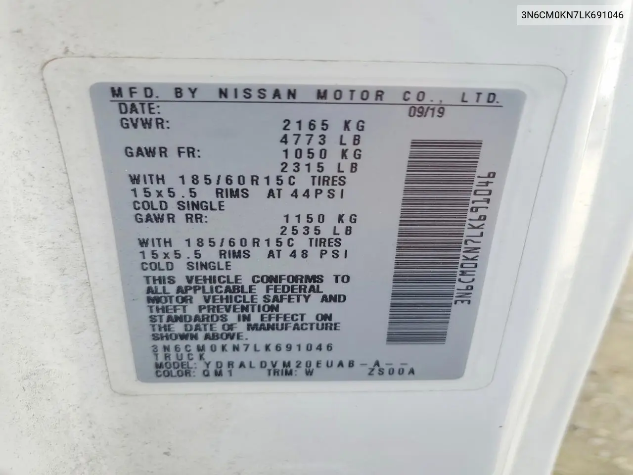 2020 Niss Nv200 S VIN: 3N6CM0KN7LK691046 Lot: 52306986