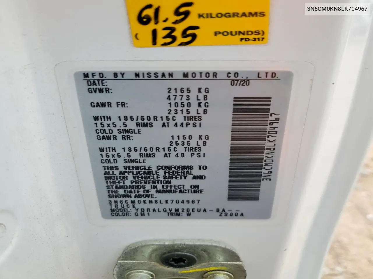 2020 Nissan Nv200 Sv VIN: 3N6CM0KN8LK704967 Lot: 55401936