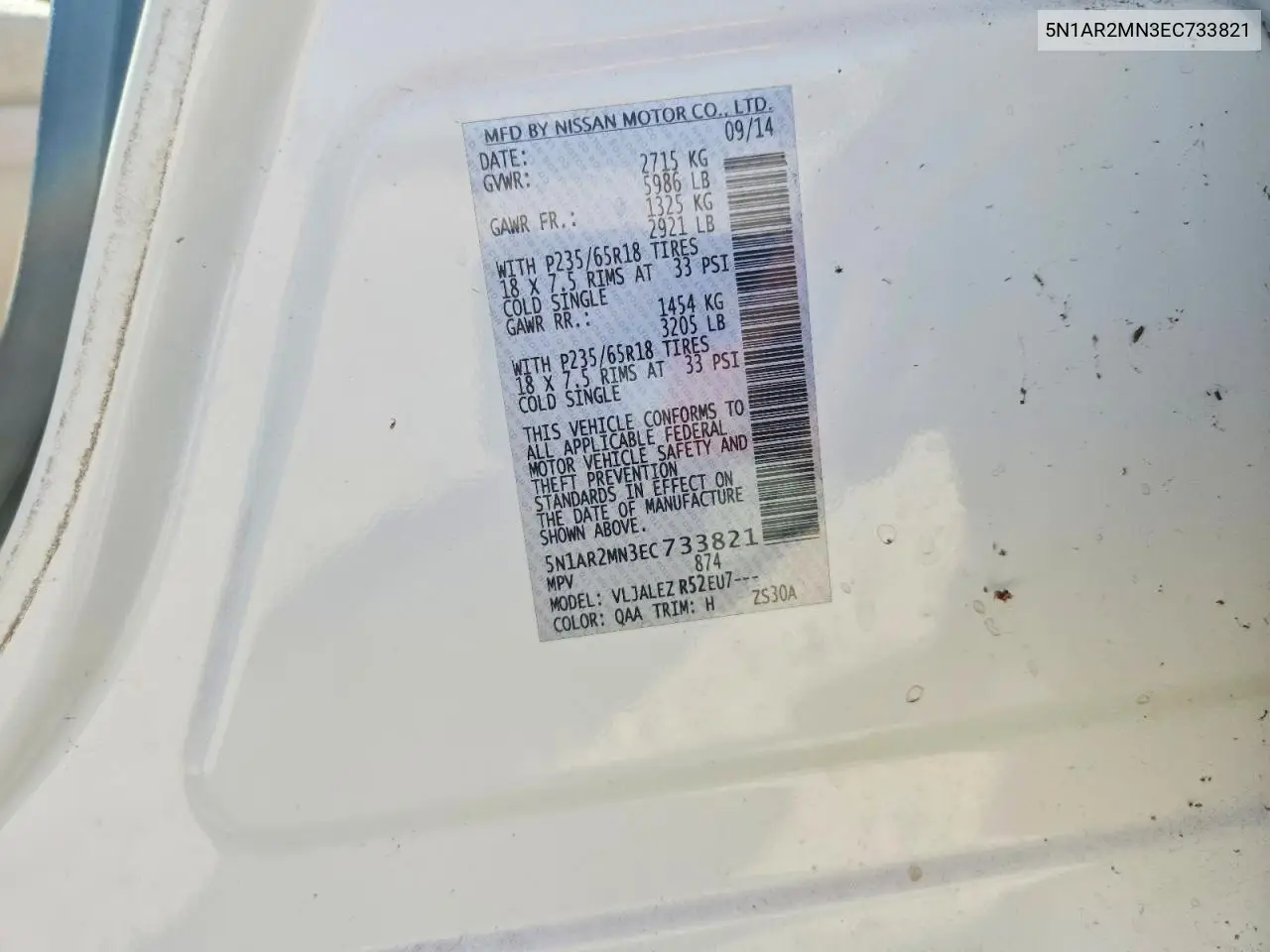 2014 Nissan Pathfinder Sv VIN: 5N1AR2MN3EC733821 Lot: 56691226