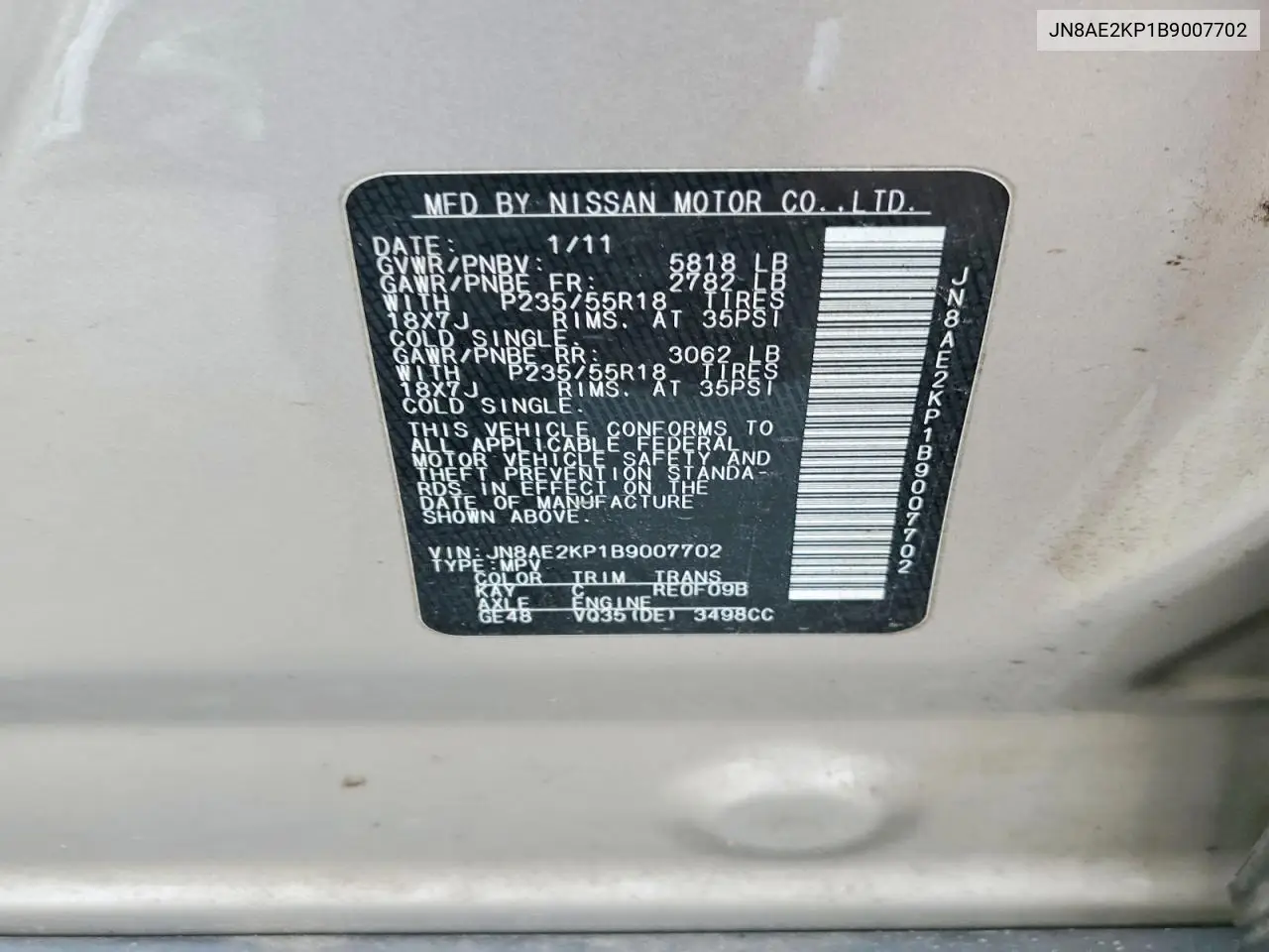 2011 Nissan Quest 3.5 S VIN: JN8AE2KP1B9007702 Lot: 59914816