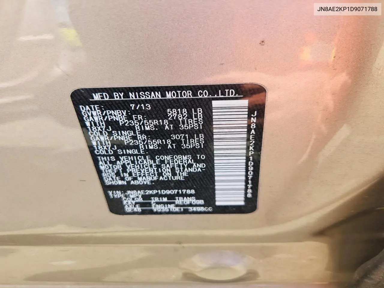 2013 Nissan Quest 3.5 S VIN: JN8AE2KP1D9071788 Lot: 58602726