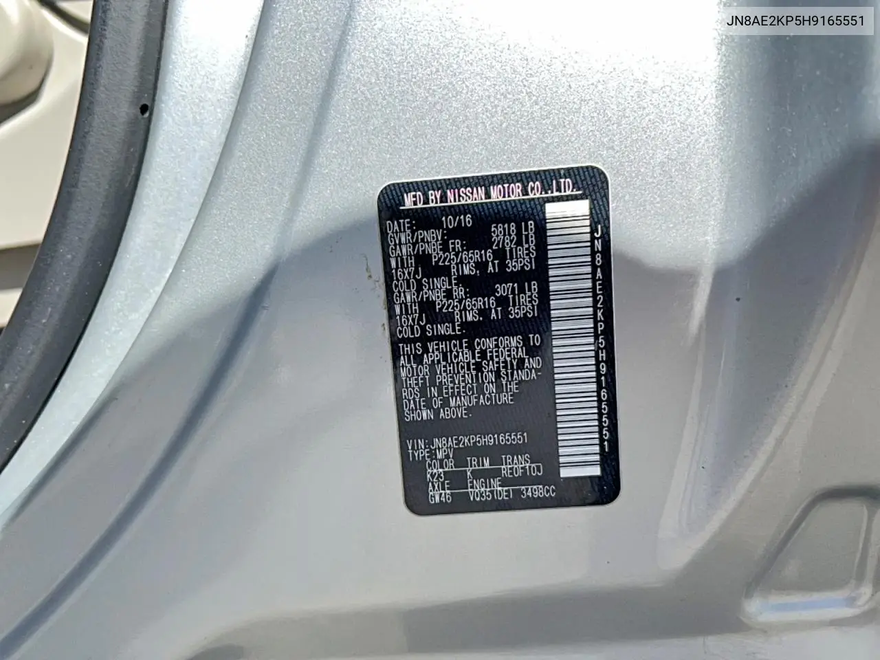 2017 Nissan Quest Sv VIN: JN8AE2KP5H9165551 Lot: 52256506