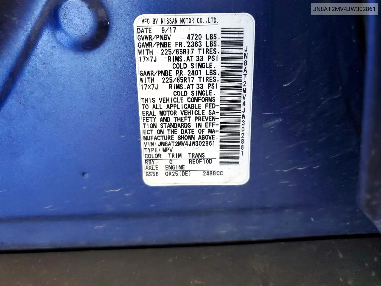 2018 Nissan Rogue Sv VIN: JN8AT2MV4JW302861 Lot: 56593896