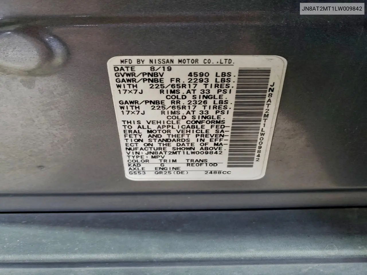 JN8AT2MT1LW009842 2020 Nissan Rogue S