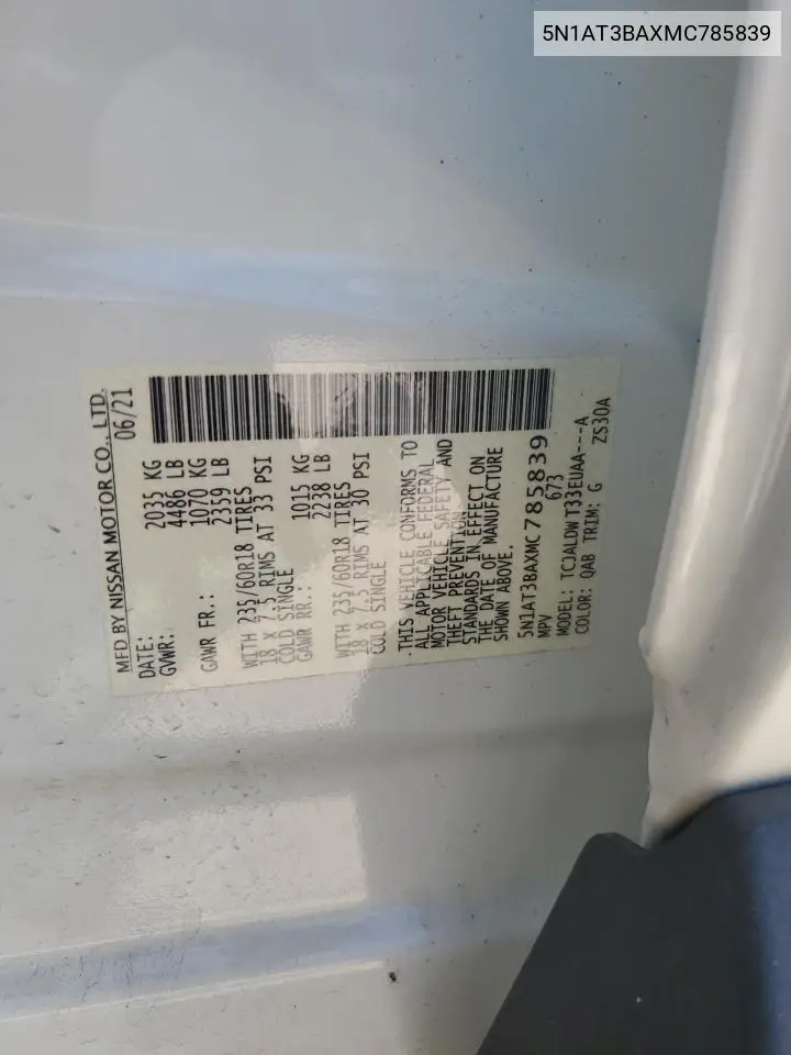 5N1AT3BAXMC785839 2021 Nissan Rogue Sv