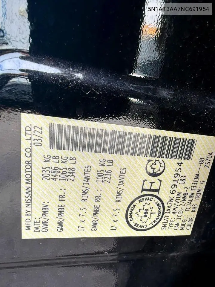 5N1AT3AA7NC691954 2022 Nissan Rogue S