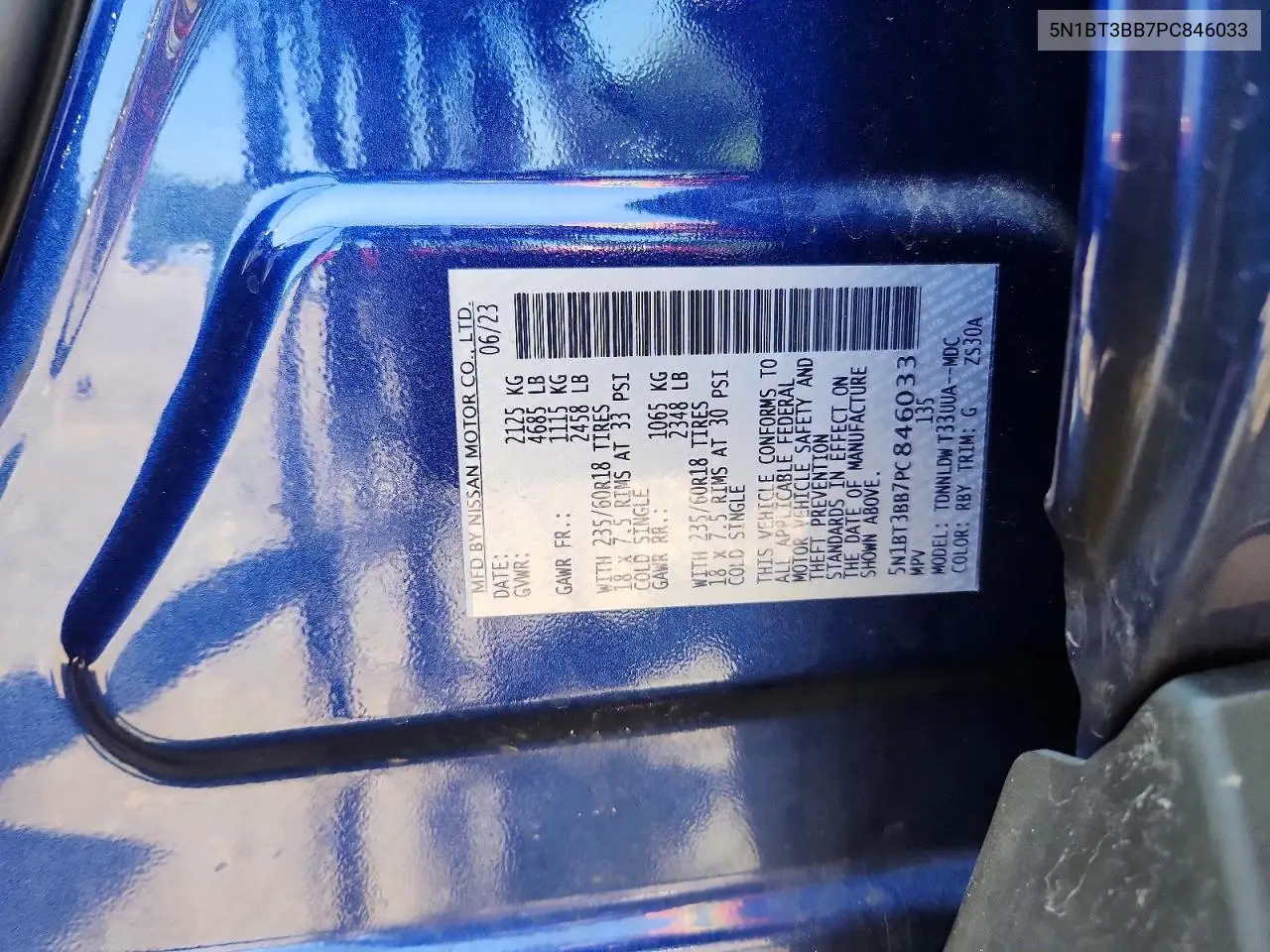 2023 Nissan Rogue Sv VIN: 5N1BT3BB7PC846033 Lot: 60823676