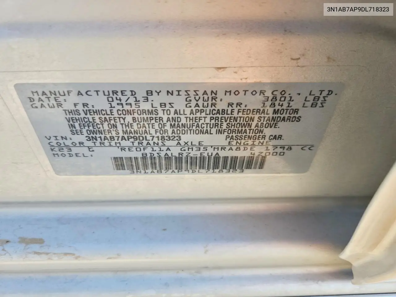 2013 Nissan Sentra S VIN: 3N1AB7AP9DL718323 Lot: 60700456