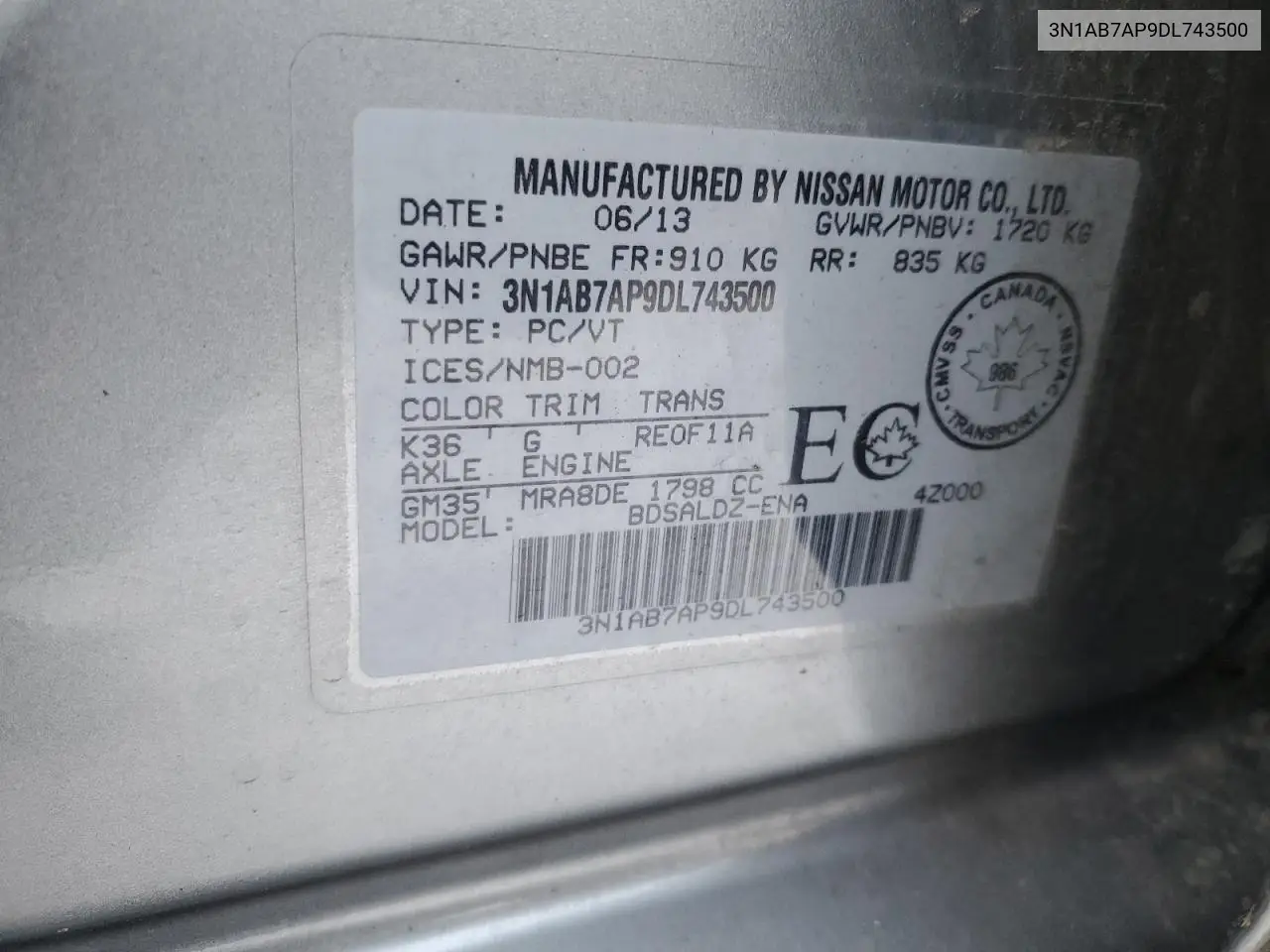 3N1AB7AP9DL743500 2013 Nissan Sentra S