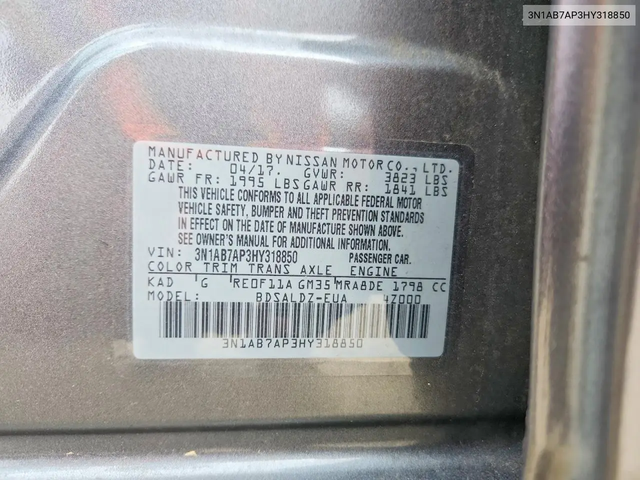 2017 Nissan Sentra Sv VIN: 3N1AB7AP3HY318850 Lot: 61623386