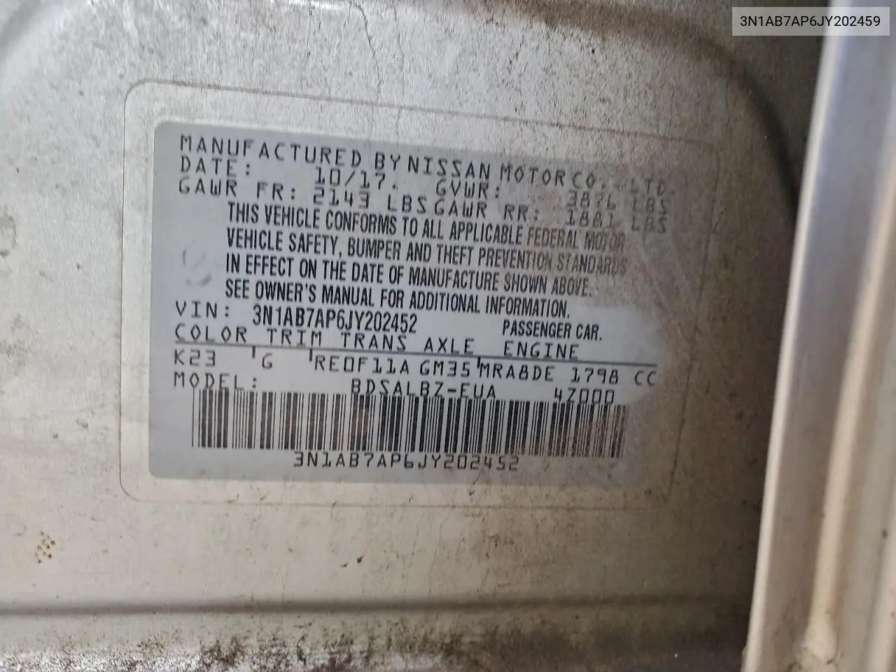 3N1AB7AP6JY202452 2018 Nissan Sentra S