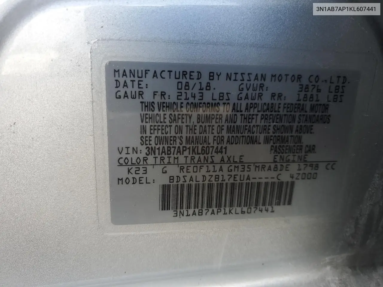 3N1AB7AP1KL607441 2019 Nissan Sentra S