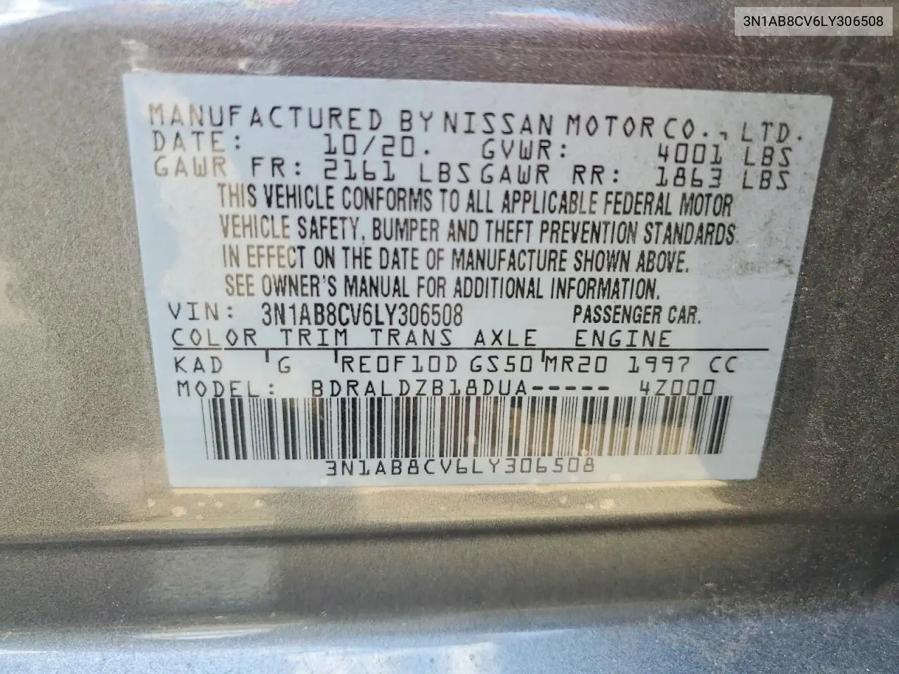 2020 Nissan Sentra Sv VIN: 3N1AB8CV6LY306508 Lot: 57151396