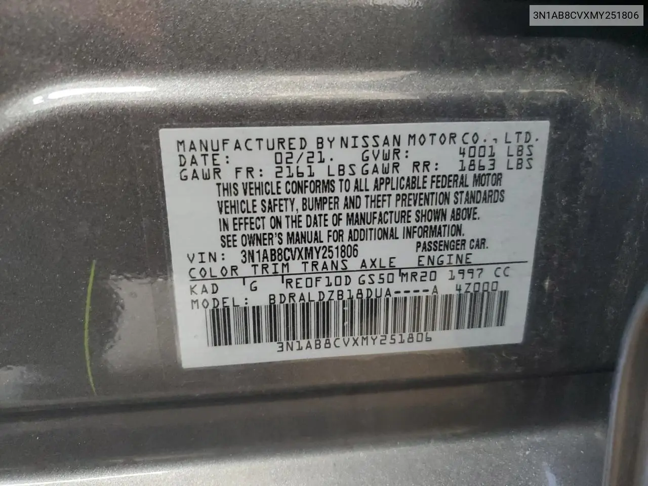 3N1AB8CVXMY251806 2021 Nissan Sentra Sv