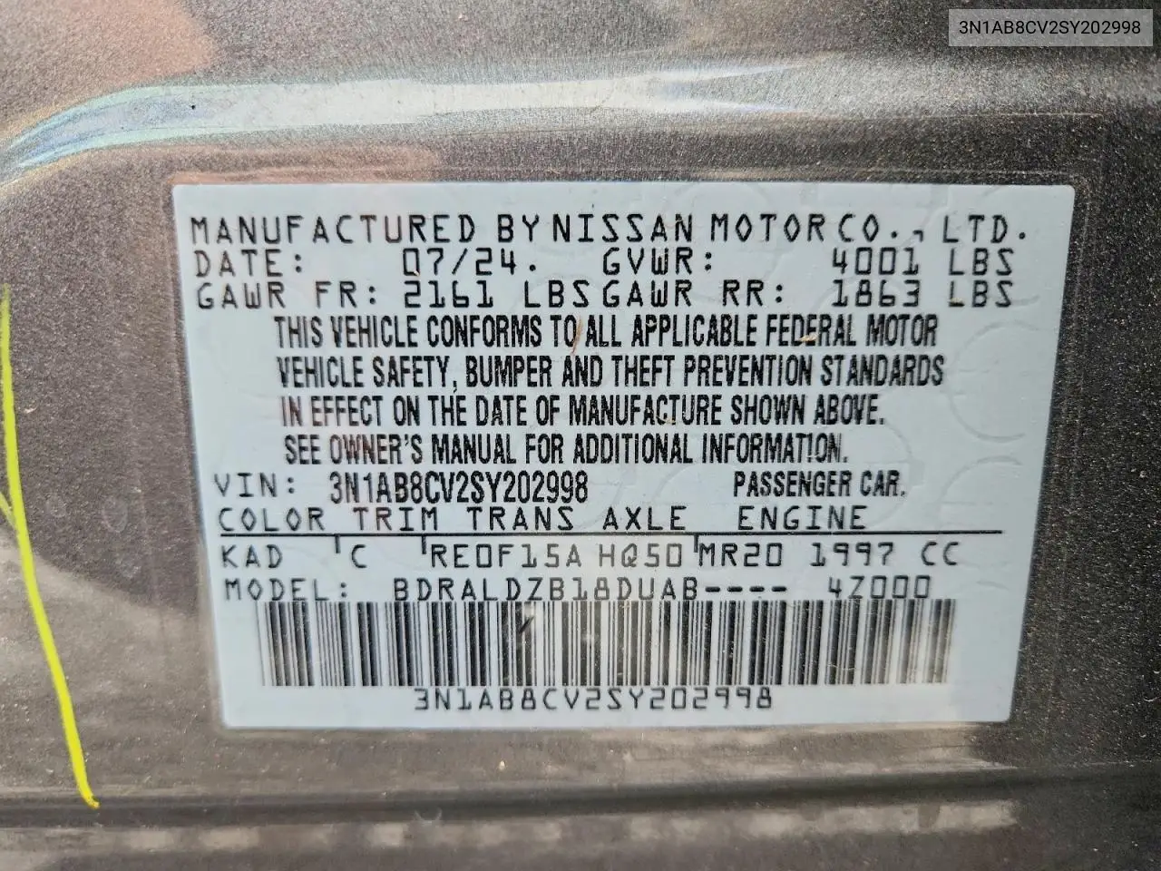 2025 Nissan Sentra Sv VIN: 3N1AB8CV2SY202998 Lot: 61932706
