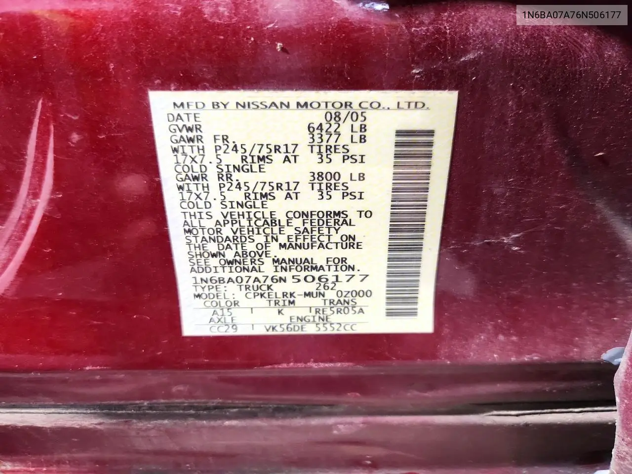 2006 Nissan Titan Xe Ffv VIN: 1N6BA07A76N506177 Lot: 59383016