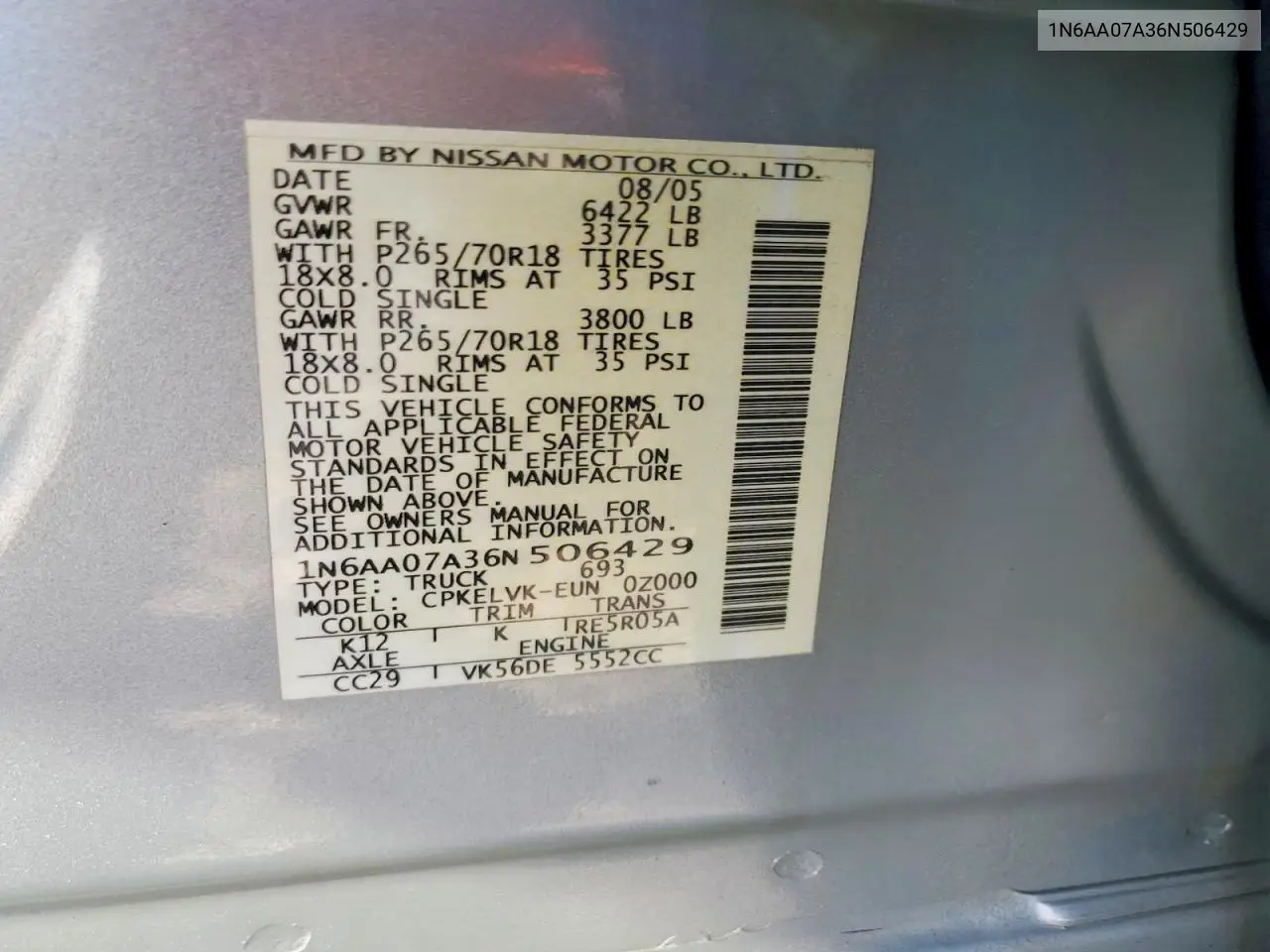 2006 Nissan Titan Xe/Se/Le VIN: 1N6AA07A36N506429 Lot: 61056106