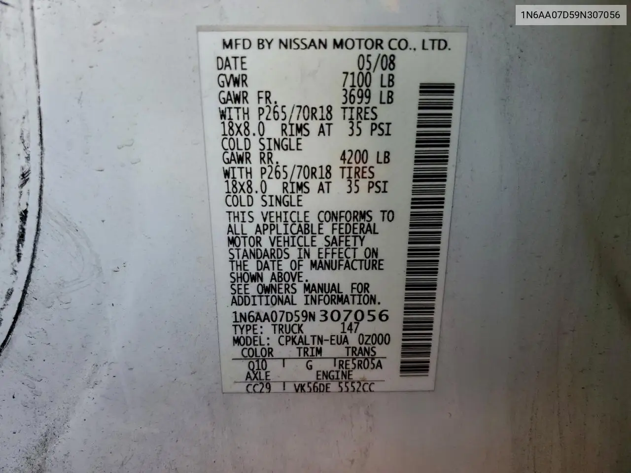 1N6AA07D59N307056 2009 Nissan Titan Xe