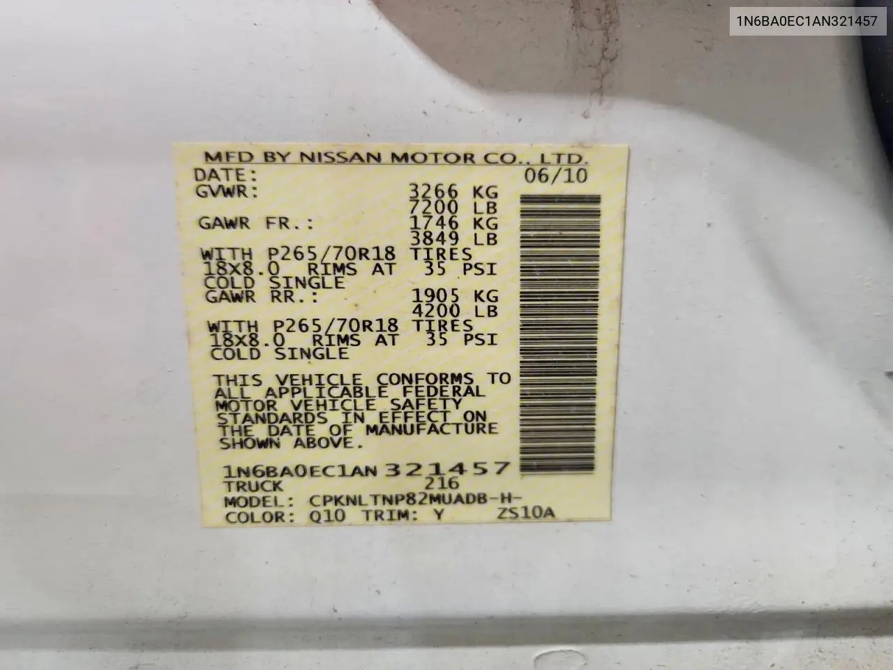 2010 Nissan Titan Se VIN: 1N6BA0EC1AN321457 Lot: 61541446