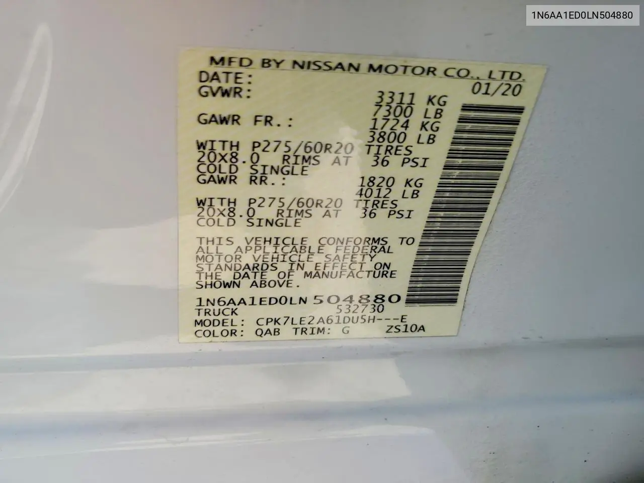 2020 Nissan Titan Sl VIN: 1N6AA1ED0LN504880 Lot: 56796426