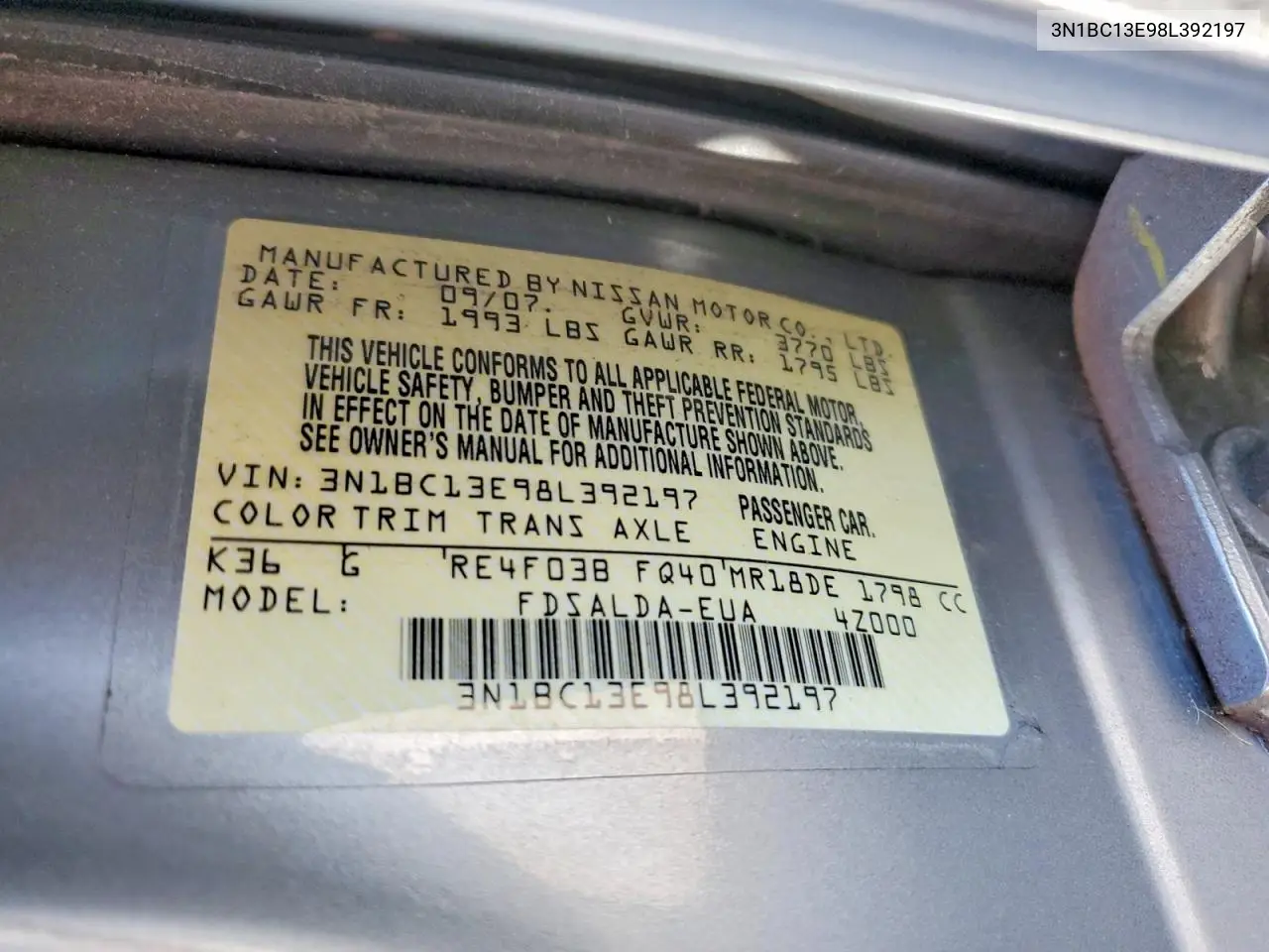 2008 Nissan Versa 1.8 S VIN: 3N1BC13E98L392197 Lot: 61801706