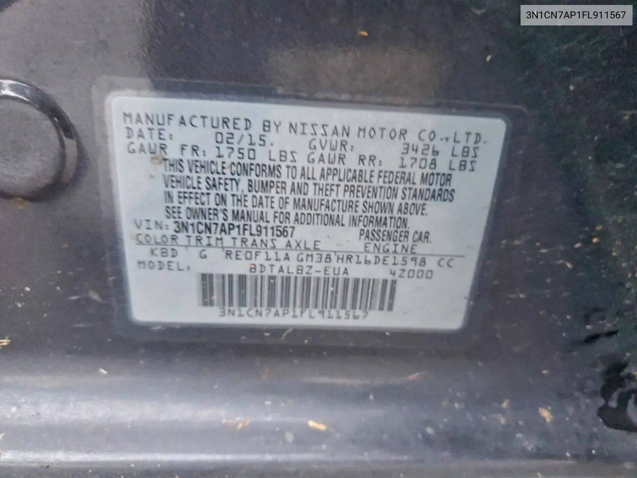 3N1CN7AP1FL911567 2015 Nissan Versa S