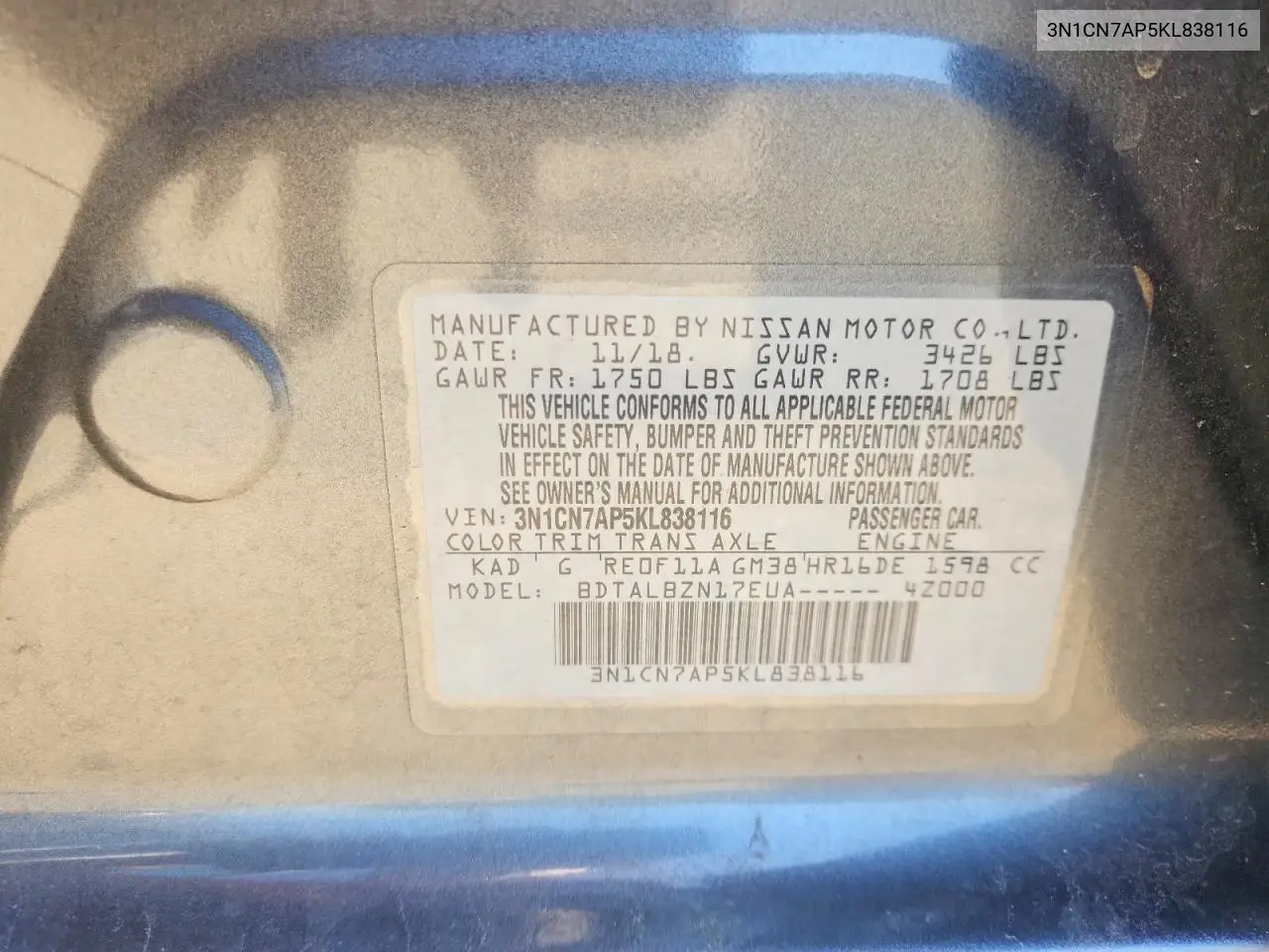 2019 Nissan Versa Sv VIN: 3N1CN7AP5KL838116 Lot: 61488506