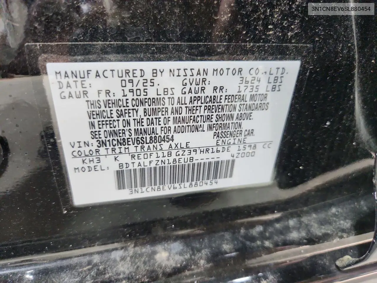 2025 Nissan Versa Sv VIN: 3N1CN8EV6SL880454 Lot: 61365146