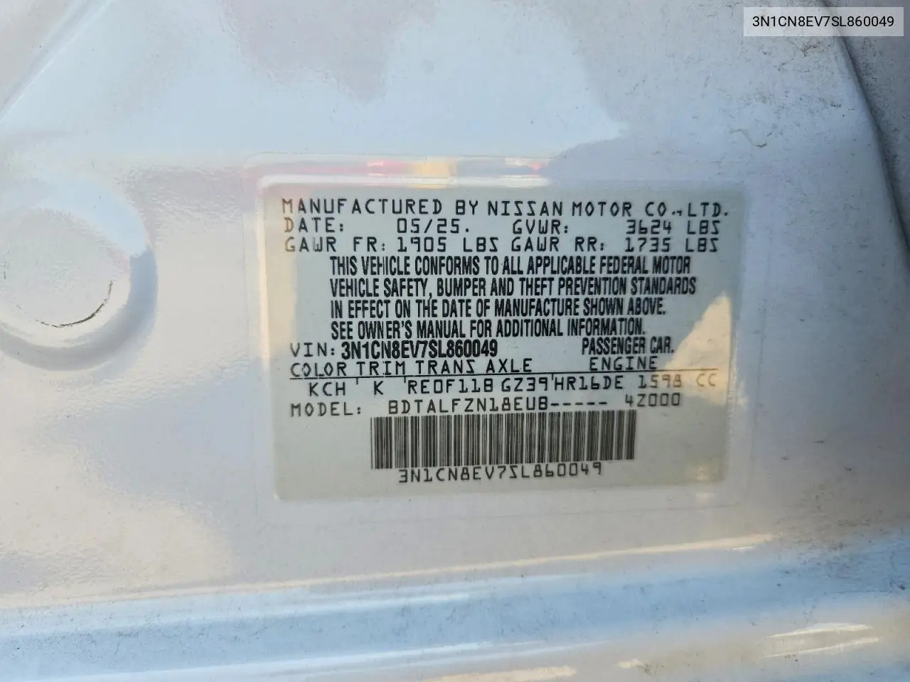 2025 Nissan Versa Sv VIN: 3N1CN8EV7SL860049 Lot: 61685806
