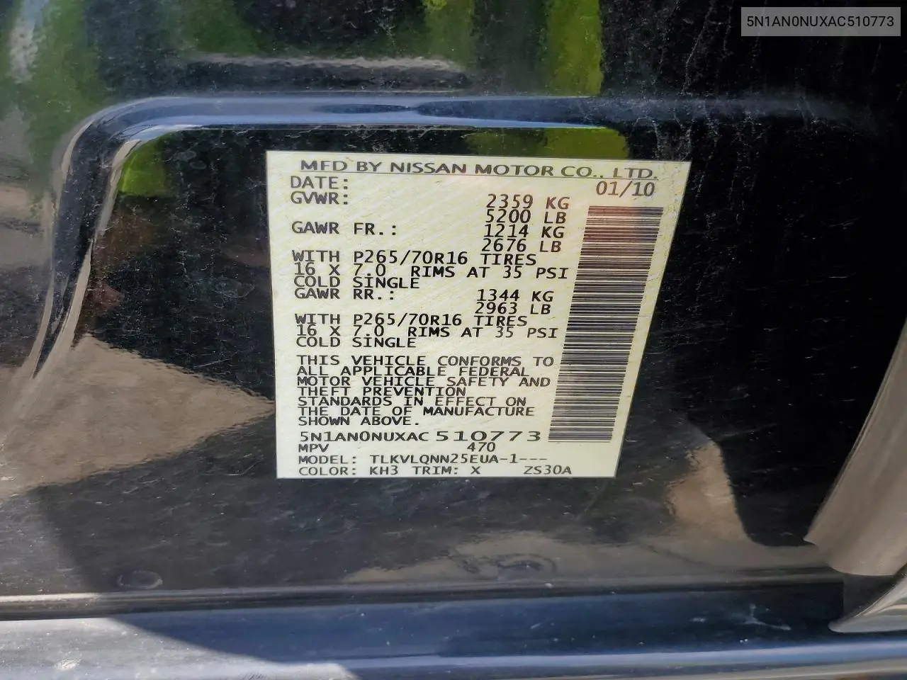 2010 Nissan Xterra X VIN: 5N1AN0NUXAC510773 Lot: 58960906