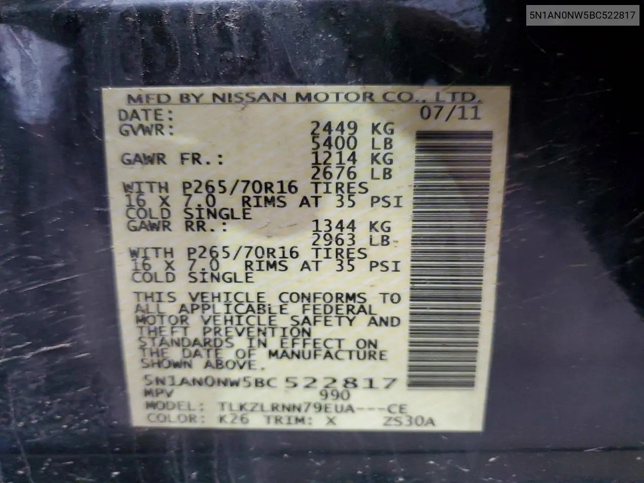 2011 Nissan Xterra X VIN: 5N1AN0NW5BC522817 Lot: 59099866