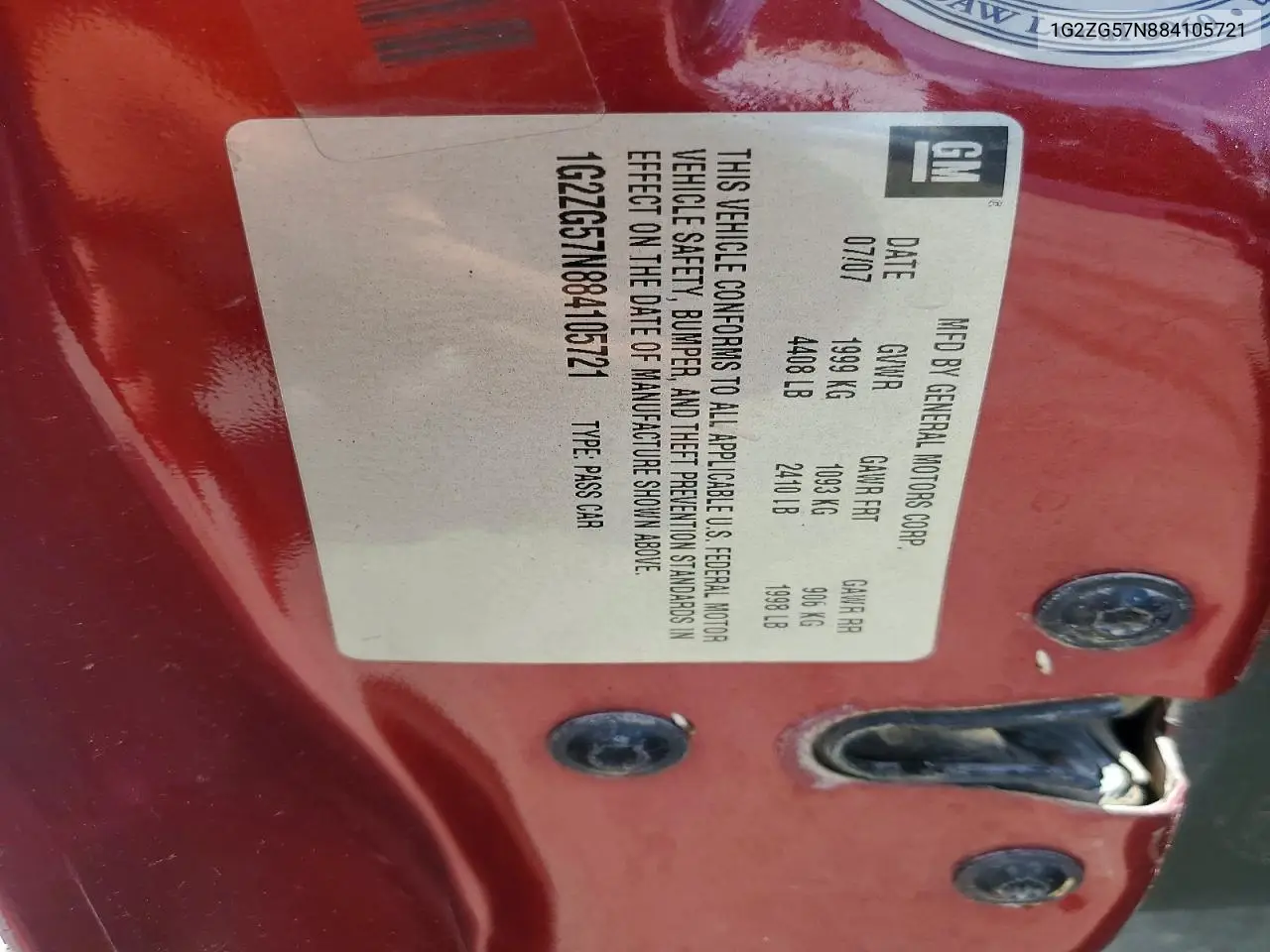 2008 Pontiac G6 Base VIN: 1G2ZG57N884105721 Lot: 60834286