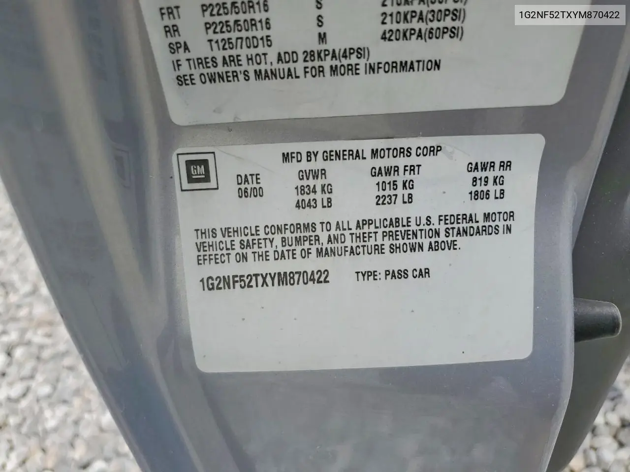 2000 Pontiac Grand Am Se1 VIN: 1G2NF52TXYM870422 Lot: 60693996