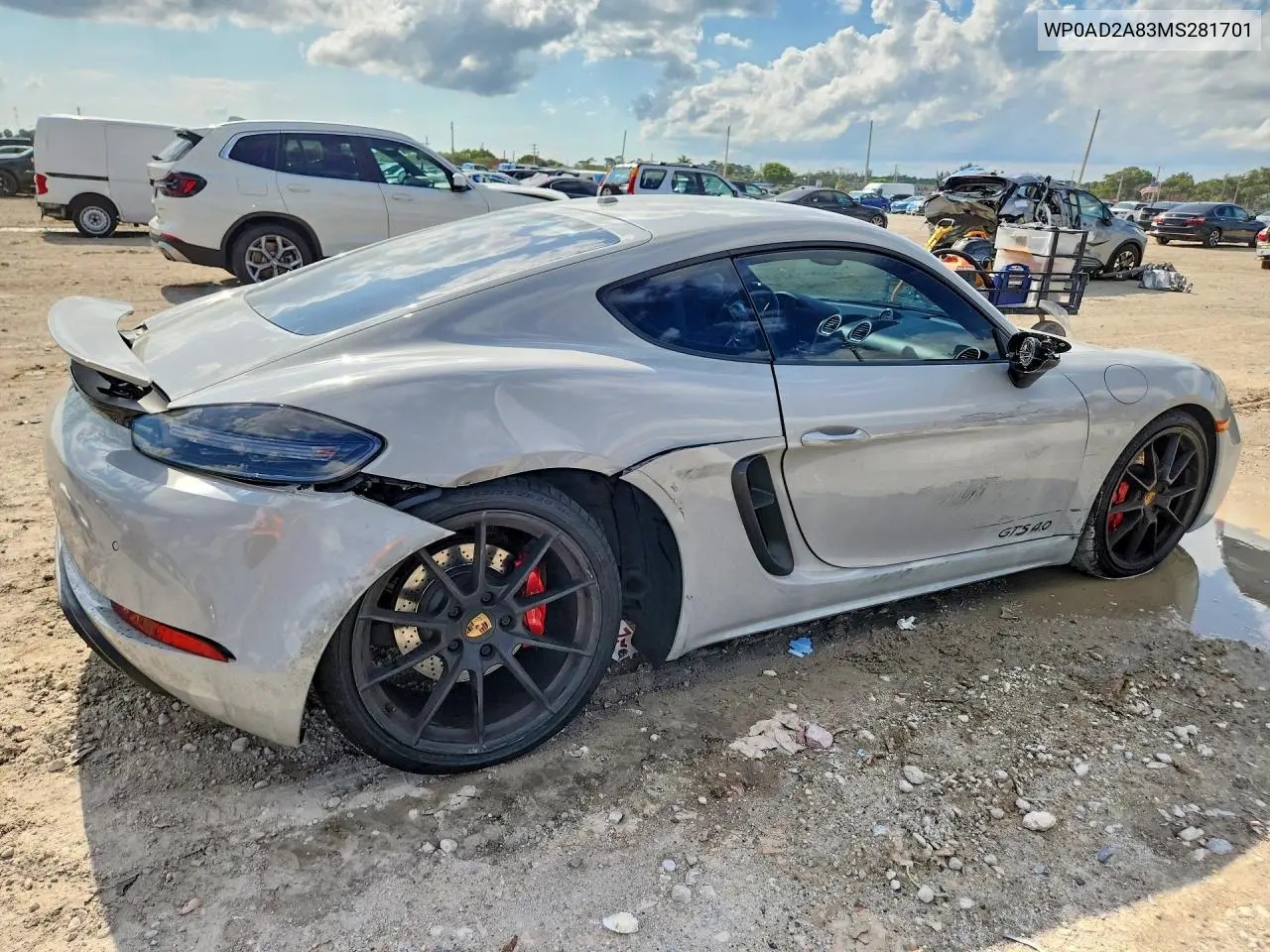 2021 Porsche Cayman Gts VIN: WP0AD2A83MS281701 Lot: 53426766